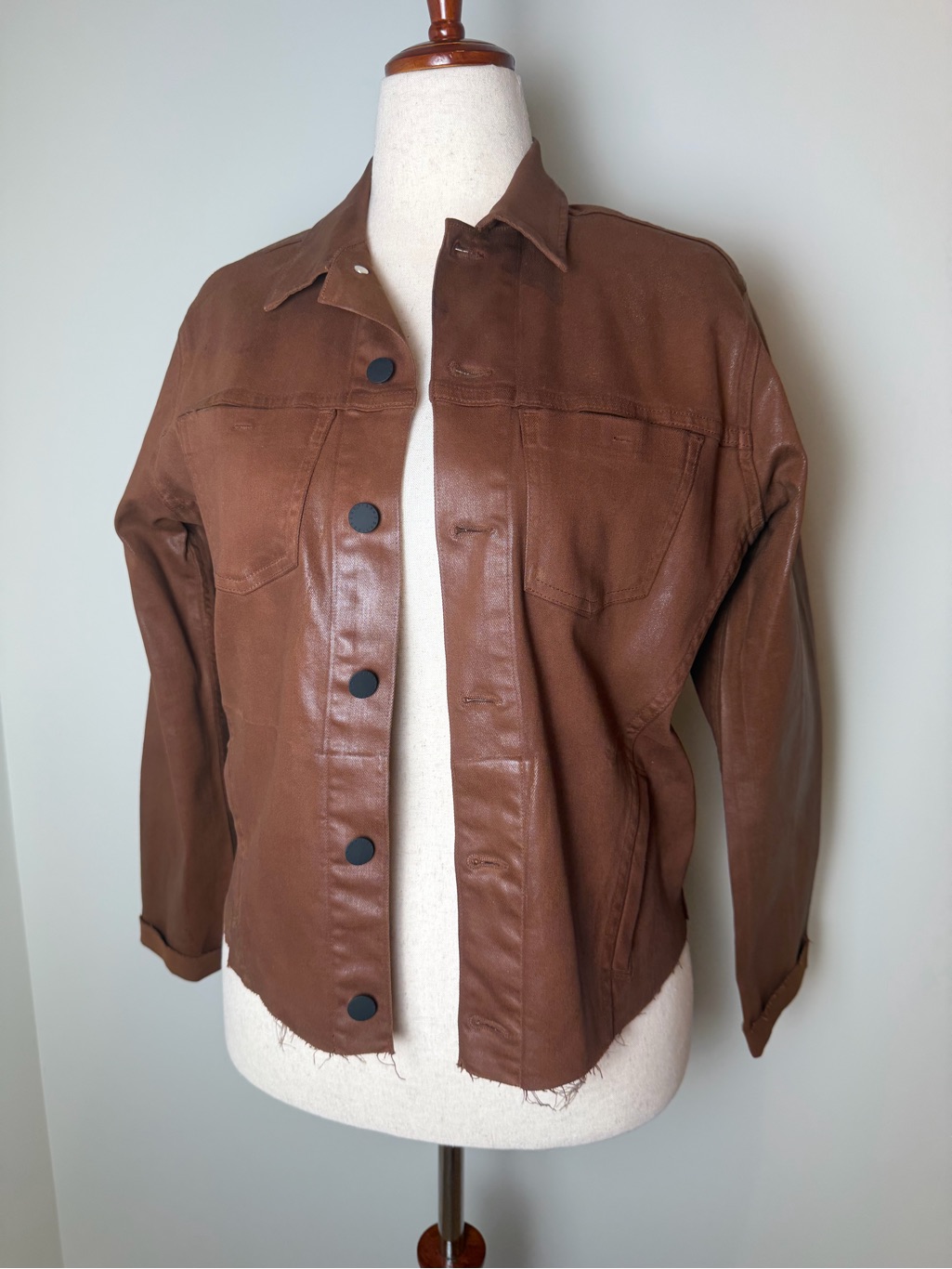 Nwt L'agence Chest-Pocket Stretch Coated Brown Leather Button Jacket